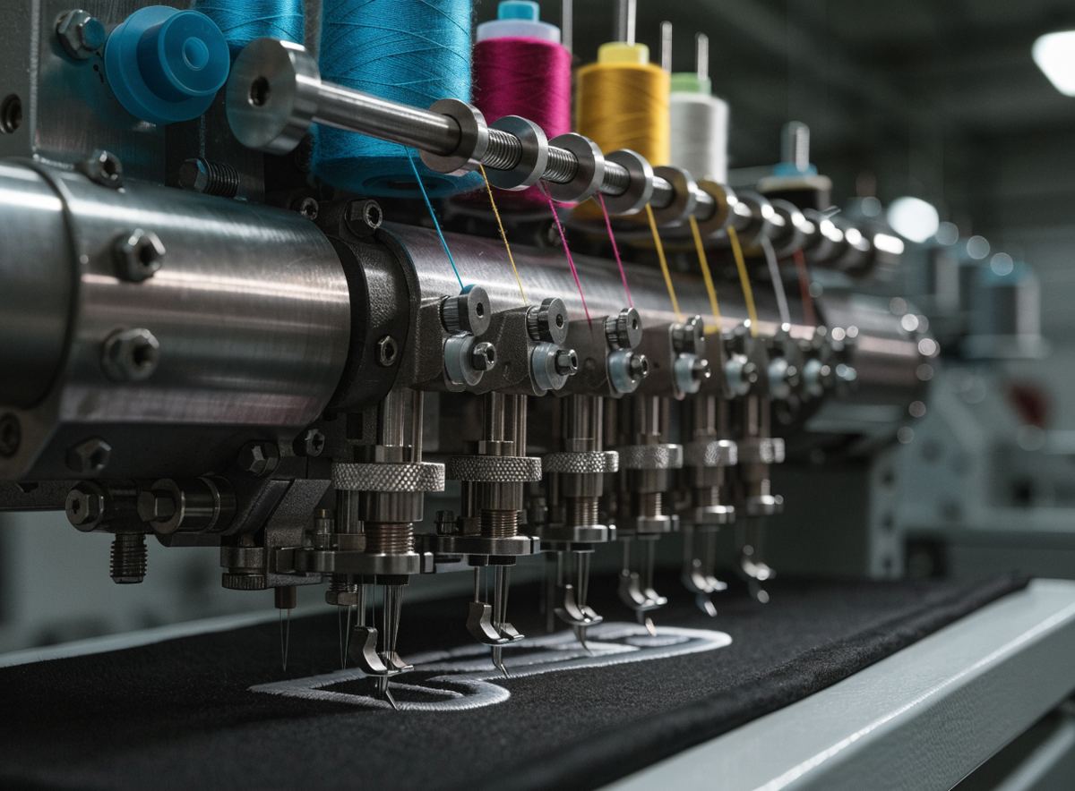 Têtes de brodeuse industrielle avec des bobines de fil cyan, magenta et jaune