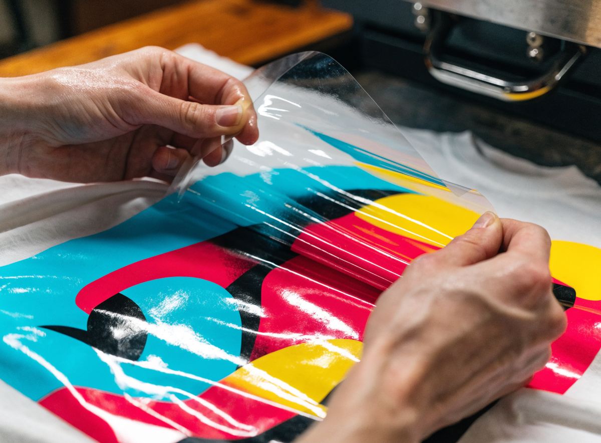 Film DTF retiré d'un t-shirt après pressage, laissant un visuel coloré