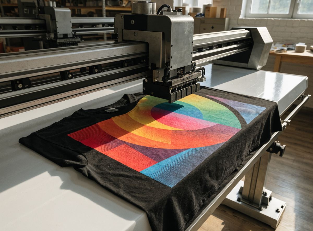 Imprimante DTG imprimant un visuel coloré sur un t-shirt noir