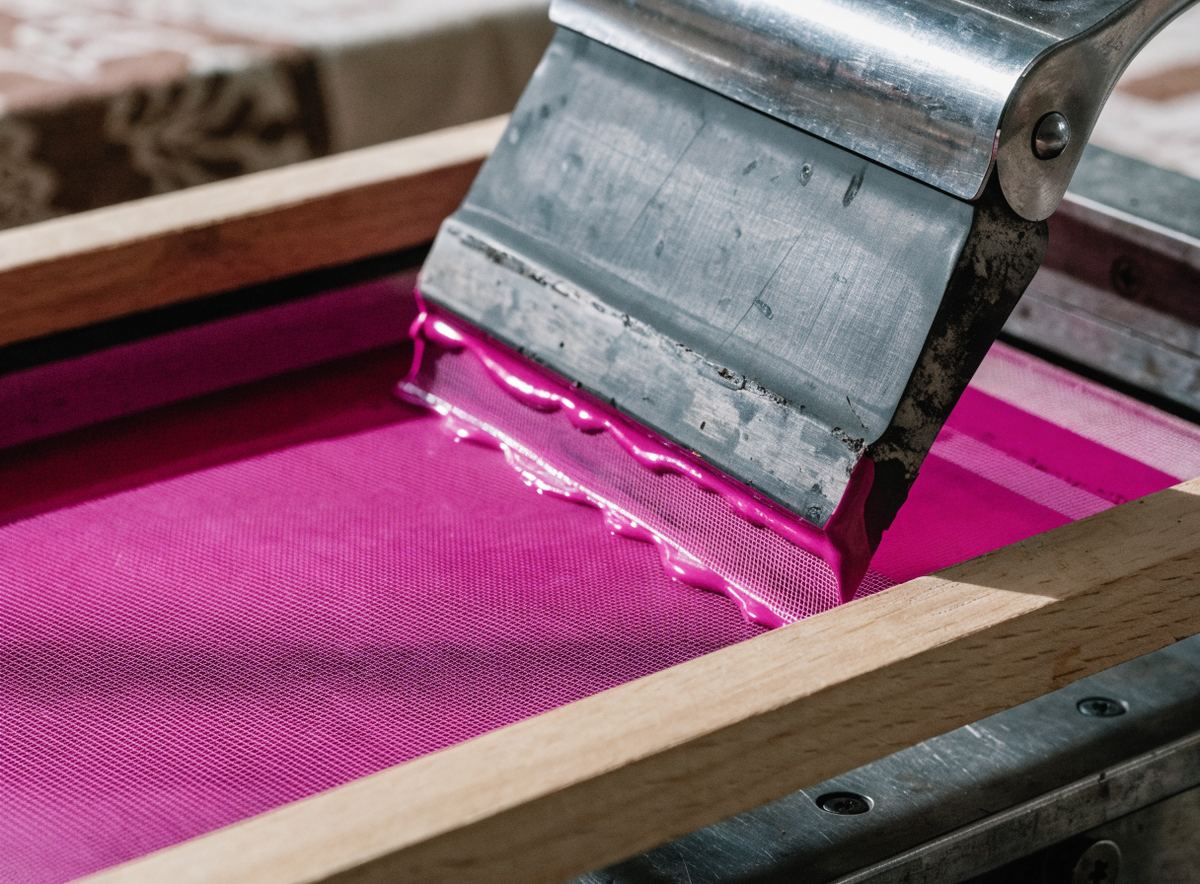 Racle poussant de l'encre magenta à travers un écran de sérigraphie